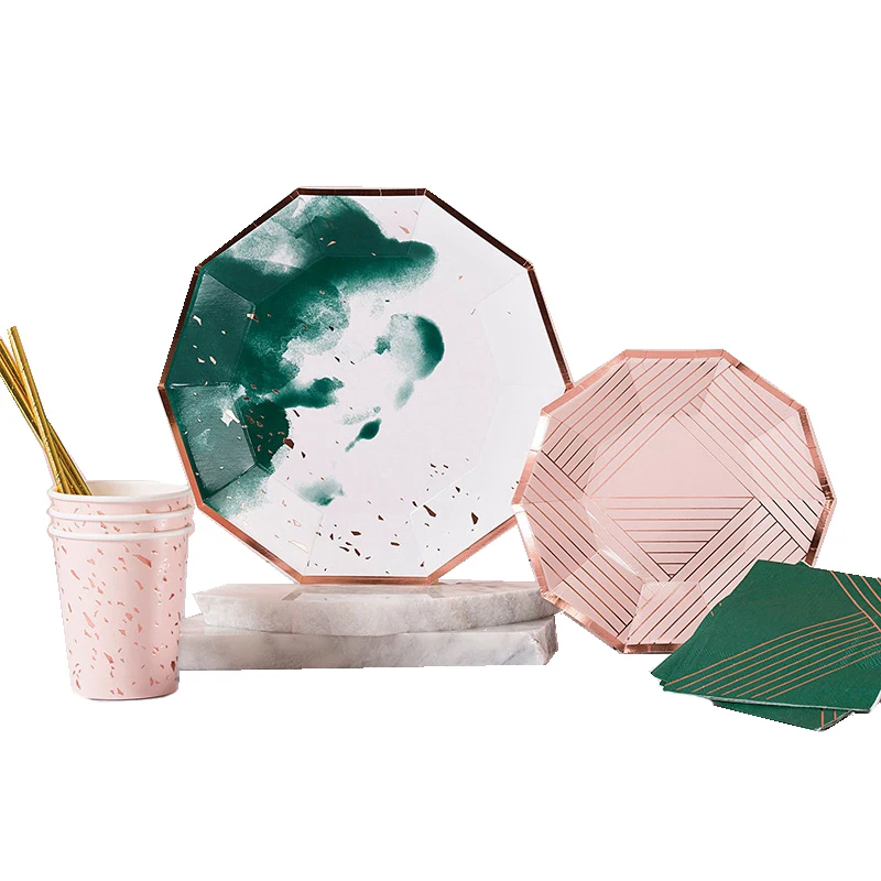 Чернильные зеленые одноразовые вечерние тарелки розовые линии