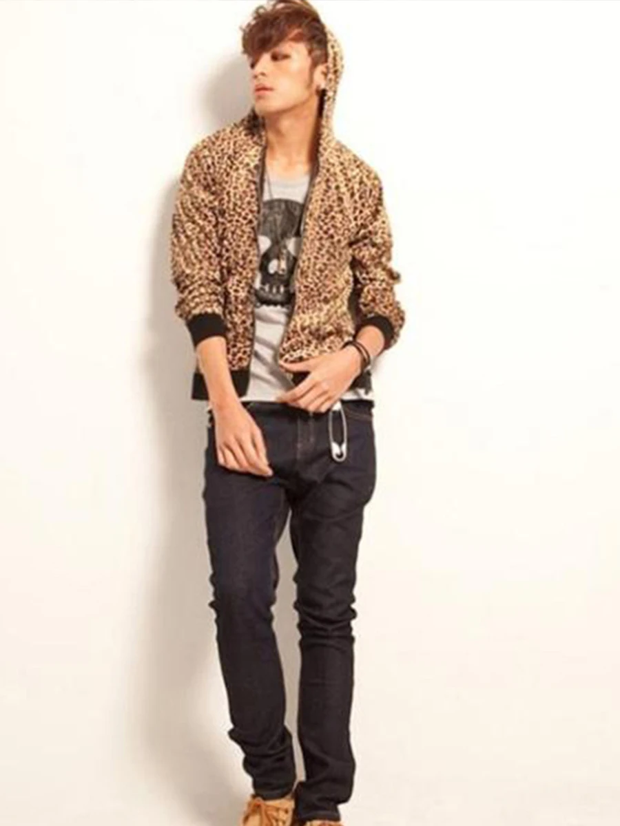 

S-4XL Korean tide male autumn and winter clothing plus size leopard hooded coat long sleeve new singer stage costume