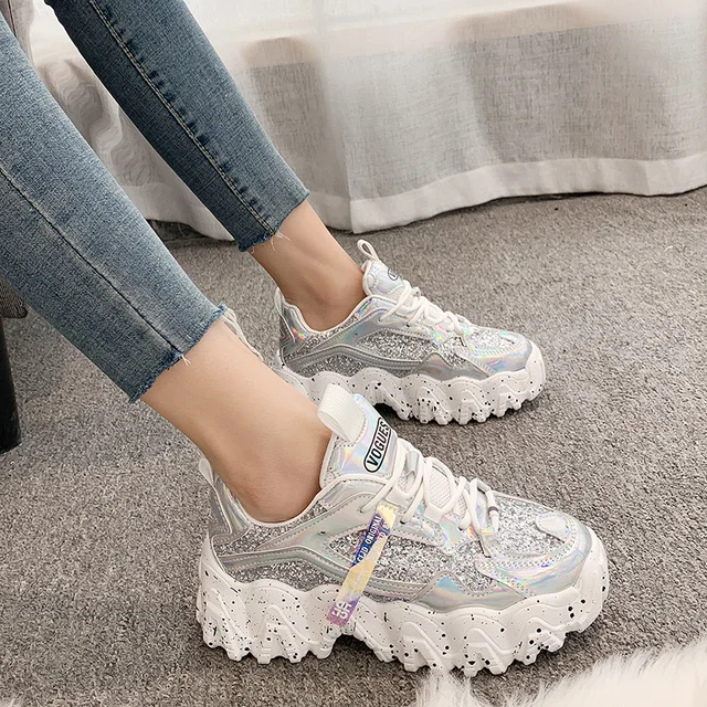 Spring Women's Chunky Sneakers Fashion Women Platform Shoes Bling Sequined Lace-Up Vulcanize Shoes Female Trainers Dad Shoes 2