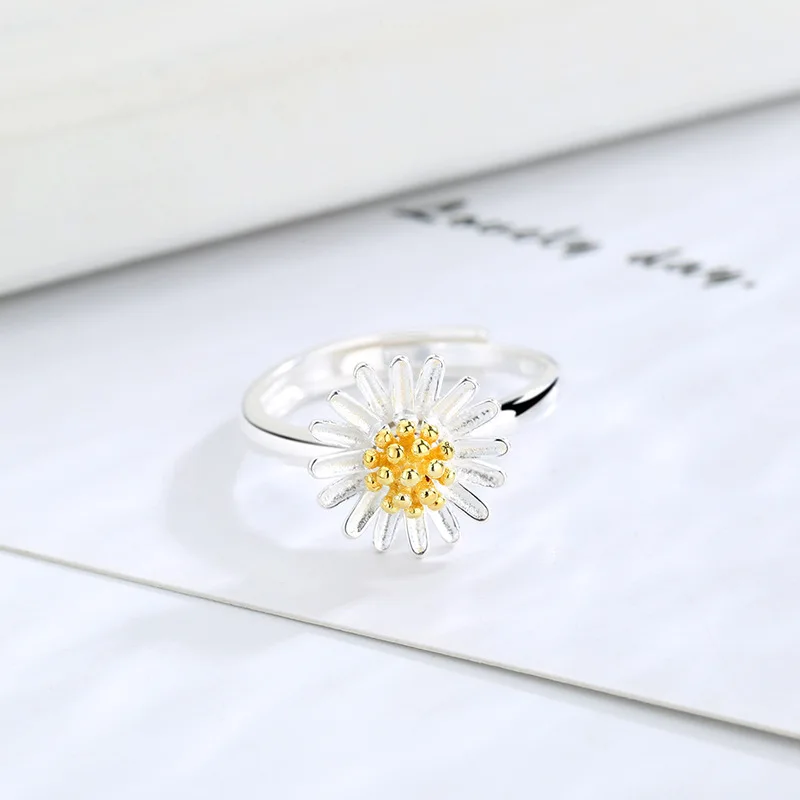 

S925 Sterling Silver Small Daisy Creative Female Ring European And American Simple Sun Flower Rotatable Ring