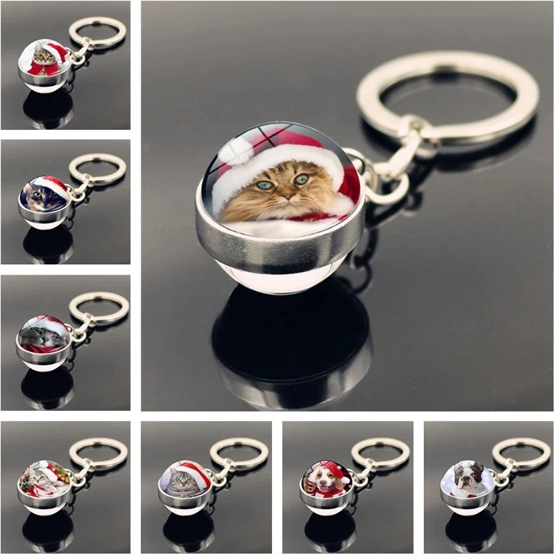 

Christmas Cat Dog Crystal Keychain Double Side Glass Ball Pendant Fashion Metal Keychain Car Keyring Key Holder Christmas Gift