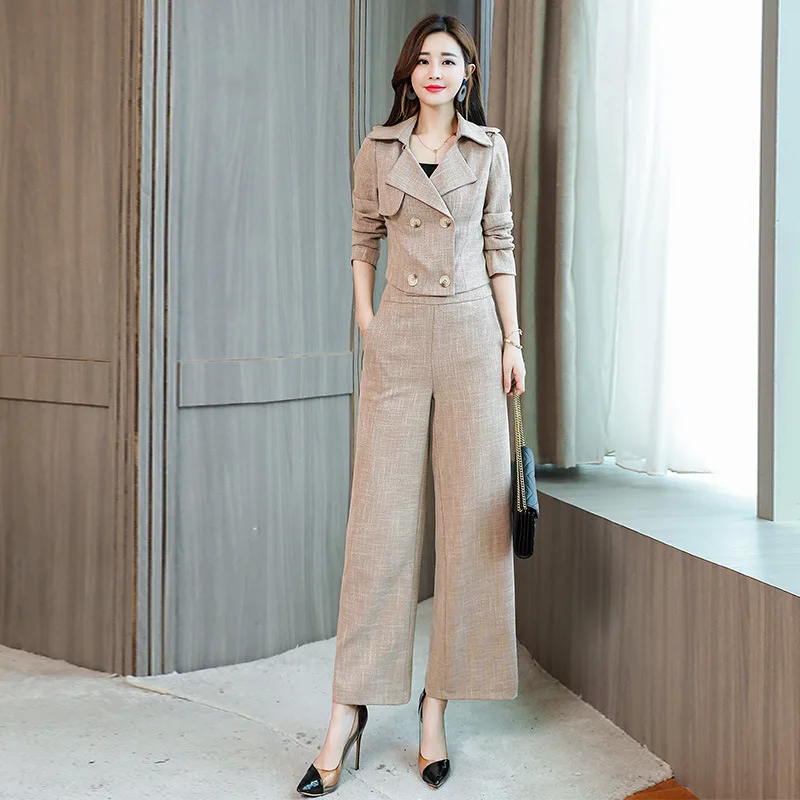 

Autumn New Elegant Double-Breasted Blazer Women Two Piece Fashion Office Lady Slim Fit Wide Leg Pants Set Gray M-2XL