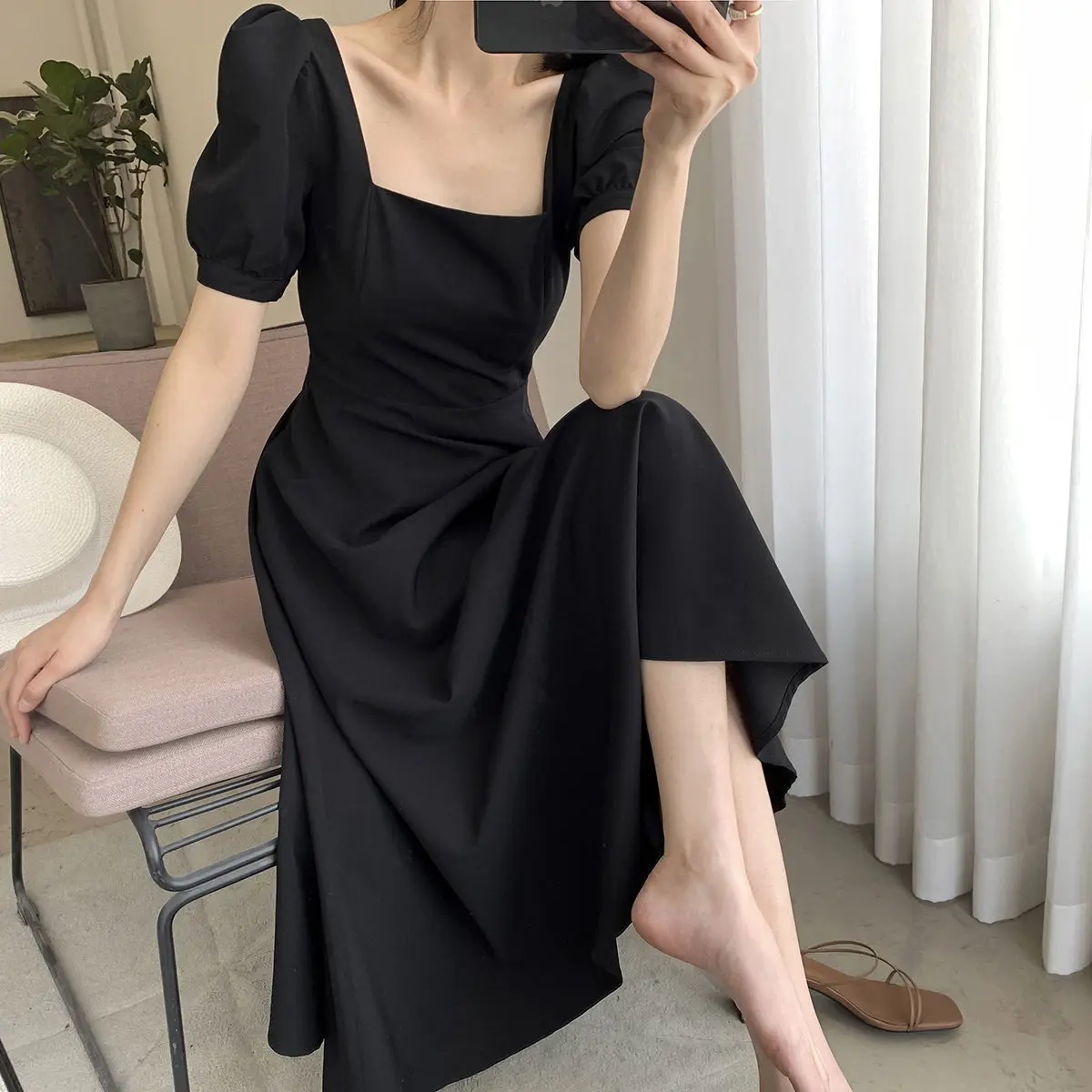 

Puff Sleeve Dress Women Black Elegant A-Line High Waist Square Collar Party Chic Fashion Female French Style 3XL Size Clothing