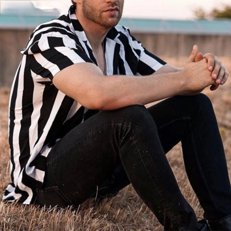 

Men Striped Shirt Casual Lapel Neck Short Sleeve Button Brand Shirt Chic Loose Streetwear Vacation Blouse 2021