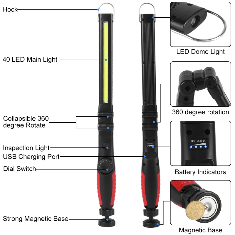 Rechargeable LED Work Light Foldable Flashlight Cordless Portable Magnetic COB Lights Inspection For Garage | Освещение