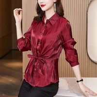 satin women blouse autumn tops for women vintage button up mid length top women polo neck long sleeve clothes female basic shirt