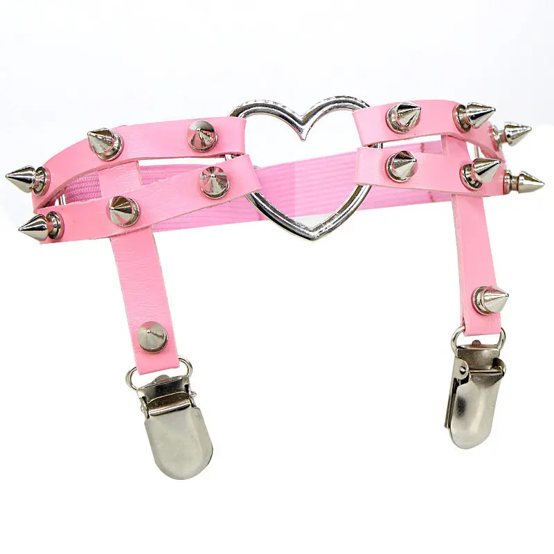 

Pink Heart Buckle Women Suspenders Belts PU Leather Black Harness Sexy Rivets Leg Ring Thigh Harness Punk Lady Garter Belt