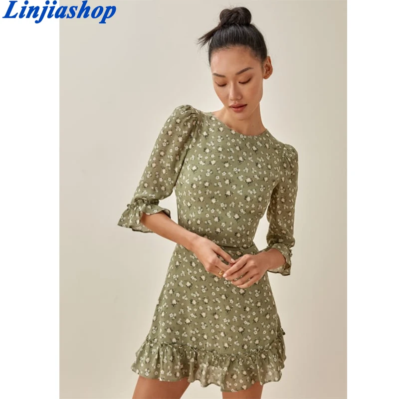 

New Casual Summer Dress Women French Vintage Floral O neck Short Sleeve Mini Dress Woman Elegant Ruffle Dress