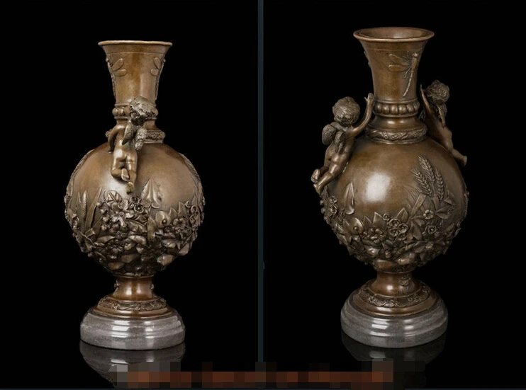 --- 724 + арт-деко скульптура ваза с двумя маленькими ангелами Дети Бронзовая статуя