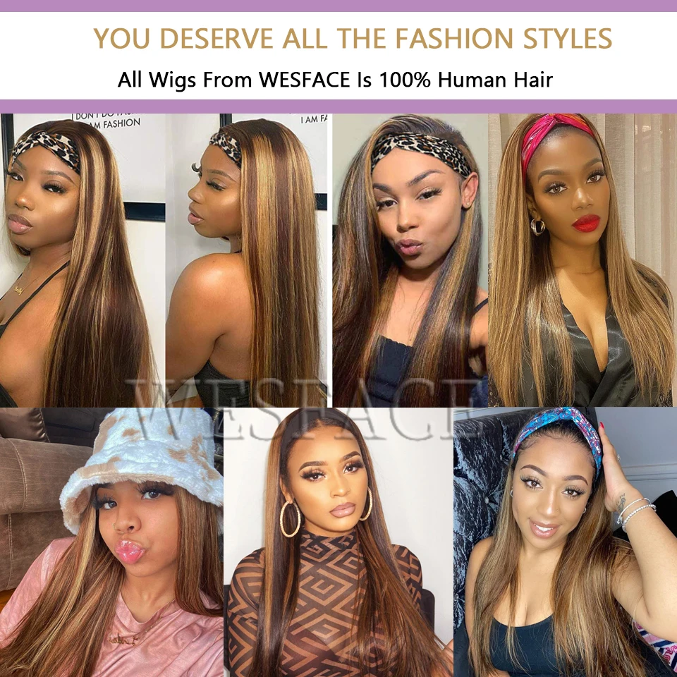 

Headband Wig Human Hair Straight Brazilian No Glue Ombre Headband Human Hair Wig For Black Women Remy 150% Highlight Color Wig