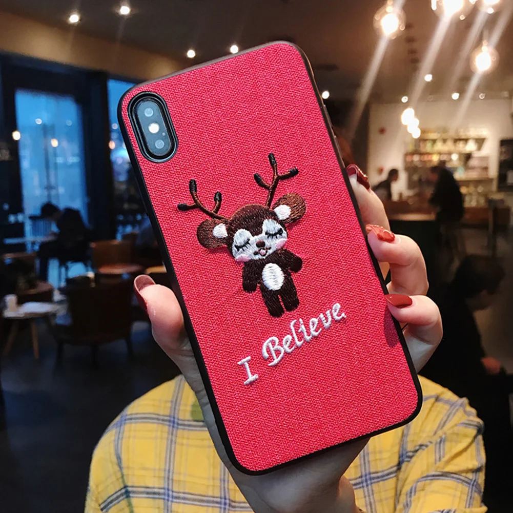 Cute Deer Fabric Case for iPhone X XS XR MAX Soft TPU Embroidery Cartoon Elk Pattern Back Cover 7 8 Plus Shockproof 3D Capa |