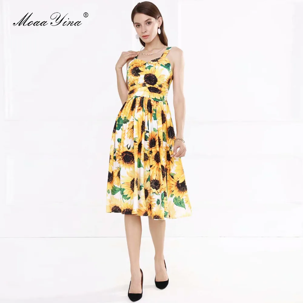 

MoaaYina Fashion Designer Runway Dress Summer Women Spaghetti strap Backless Sunflower Floral Print Dress