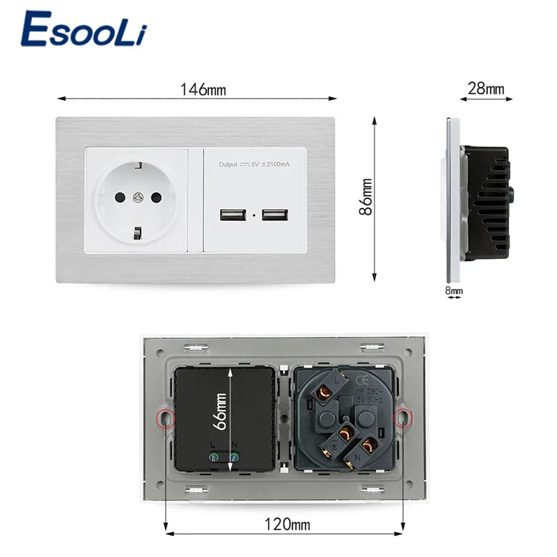 Настенное зарядное устройство Esooli с двумя USB-портами и панелью из нержавеющей