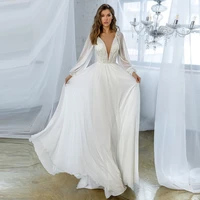 simple chiffon wedding dress with shinny sequin and beaded sexy floor length long sleeves bridal gown corset vestidos de novia