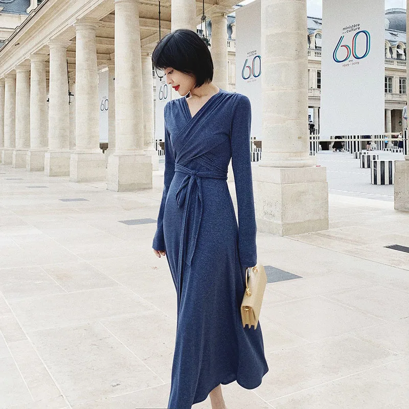 Женское трикотажное платье макси с V образным вырезом и длинным рукавом|Женские