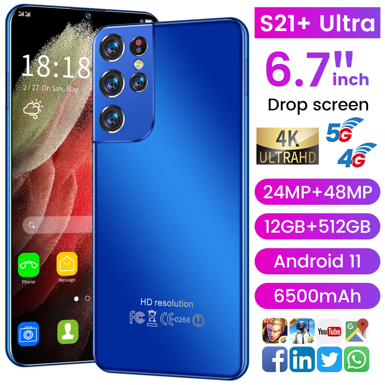 

Global Version S21+Ultra 6.7inch Smartphone 6500mah Dual SIM 4G 5G 24+48MP HD Camera Face Wake 12+512GB Android11 Network Phone