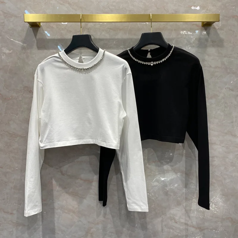 

Style Chic Korean women's Crystal long sleeves T-shirt High quality 100% cotton Short Tee Tops C508