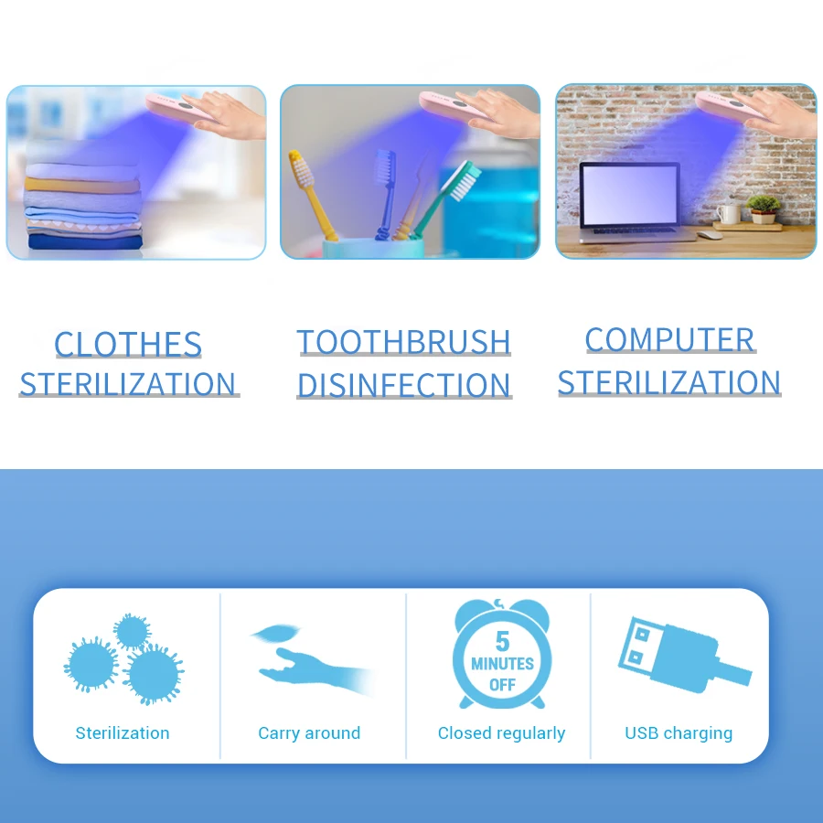 Портативная светодиодная УФ-стерилизационная лампа с УФ-дезинфекцией для дома, офиса и путешествий, заряжаемая через USB и с палочкой UVC.