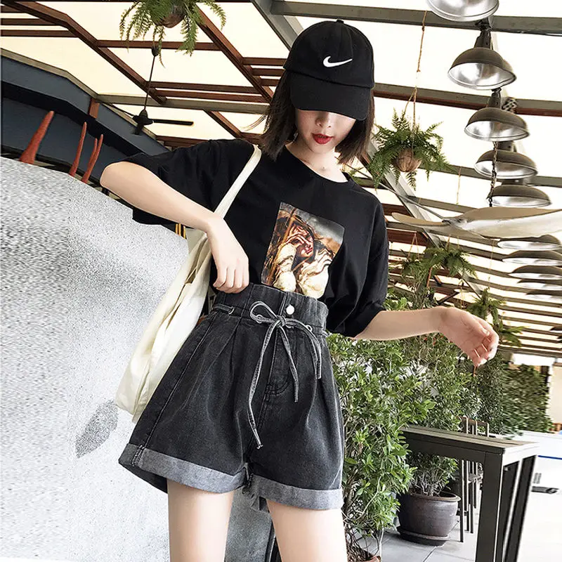 

High Waist Shorts female student 2021 spring and summer new Lace Up Korean denim wide leg pants show thin and versatile loose