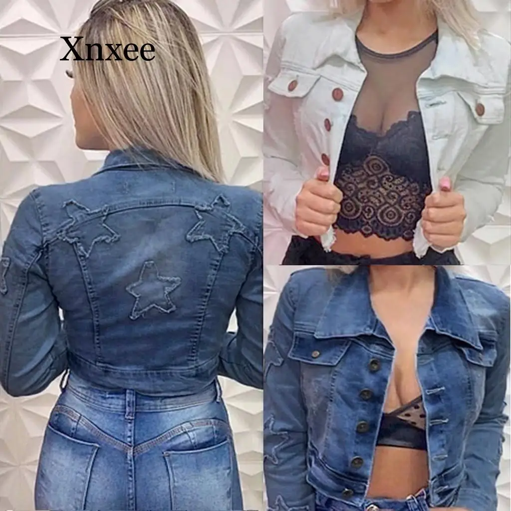 Женская джинсовая куртка короткая с длинным рукавом осенне-зимняя | одежда