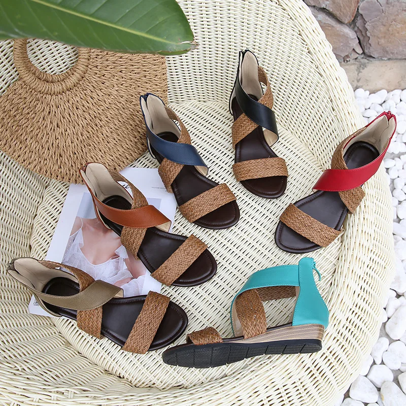 

Summer Women's Sandals Vintage Wedge Shoes Woman Zipper Weave Thick Bottom Flats Platform Sandals Cross-Strap Sandalias Mujer