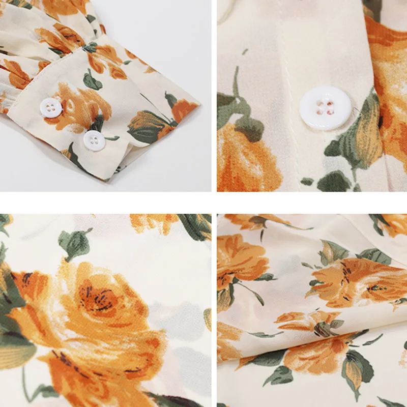 

Shirts Women Oversize 4XL Retro Floral Puff Sleeve Design Vintage Basic Chiffon New Arrival Spring Casual Fashion Button Blusas