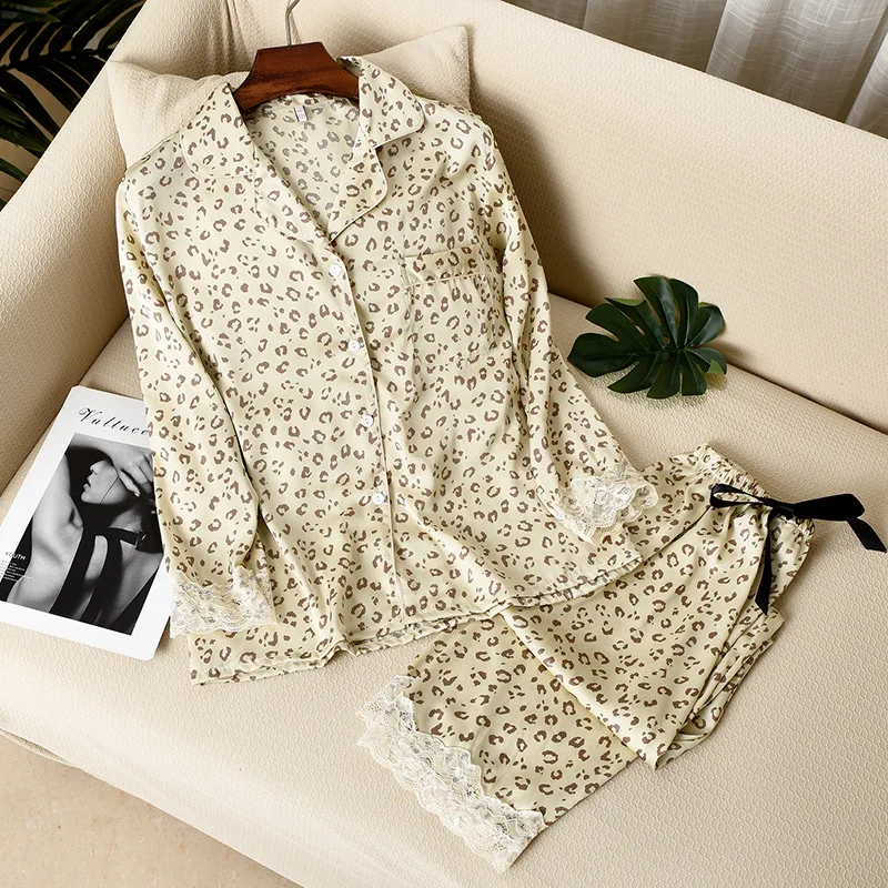 

l Leopard Print Women Pajama Set Ice Silk Soft Touch Long Sleeve Suit Pyjamas