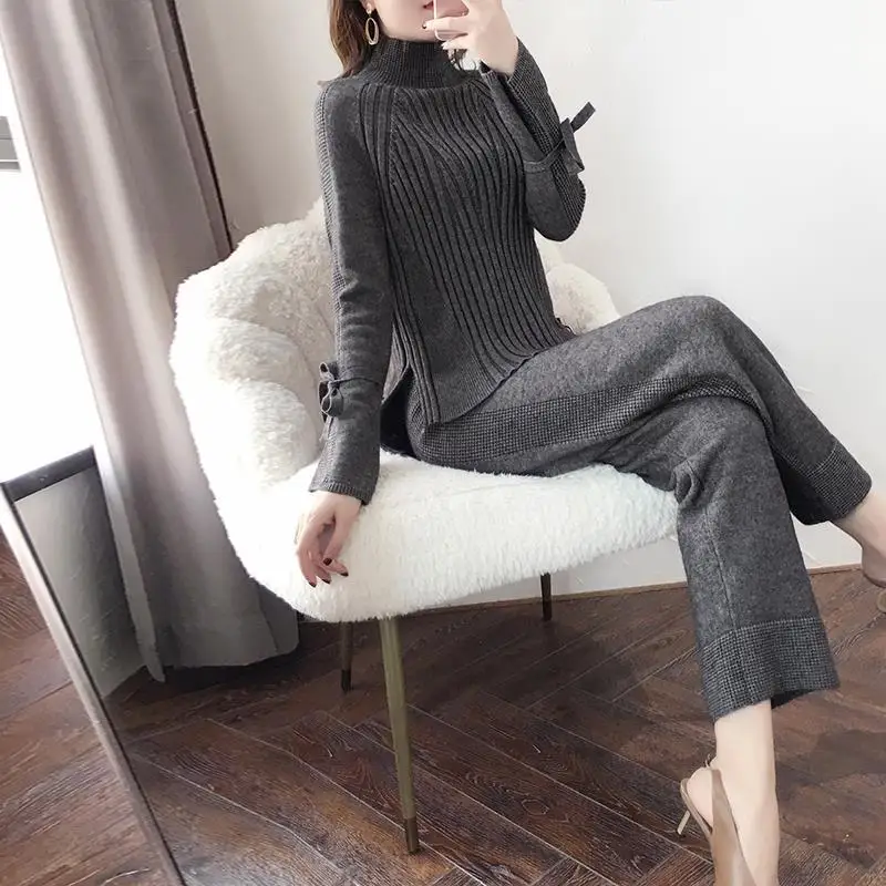 

Women Knitted Tracksuit Turtleneck Sweater Casual Suit Autumn Winter 2 Piece Set Knit Pants Sporting Suit Femme Clothing