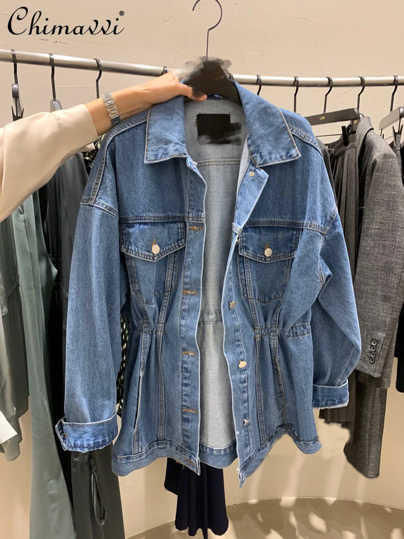 

Oversize Denim Jacket Women's Single Breatsed Blue Casual Outerwear Korean Style Loose Slim Waist Jeans Jacket Female Clothing