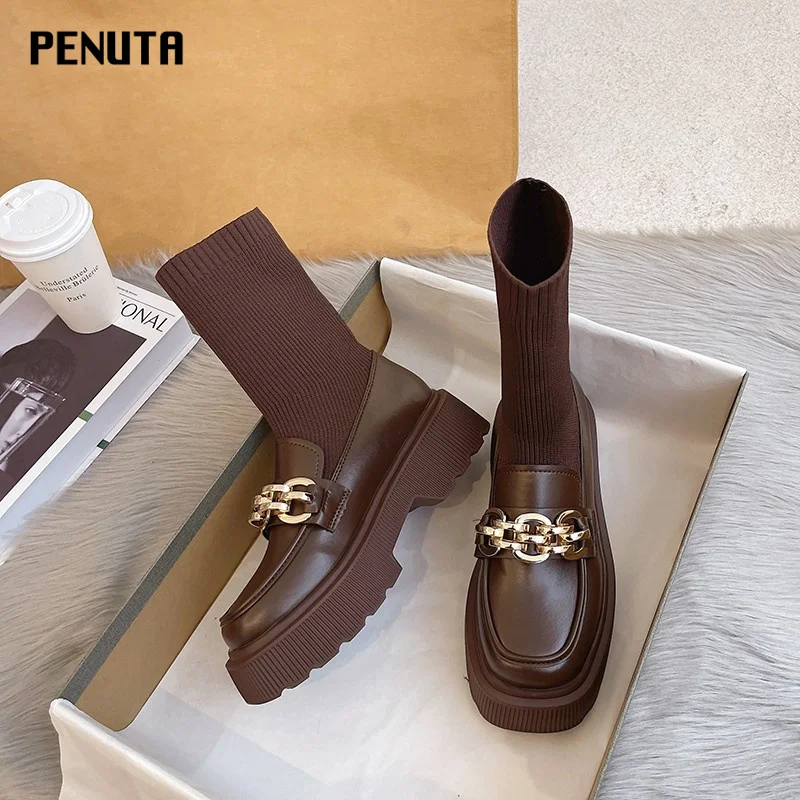 

Winter Footwear Women Boots 2021 New Fashion Chain Elastic Knitting Sock Botas Mujer Chunky Heel Platform Shoes Goth B023P
