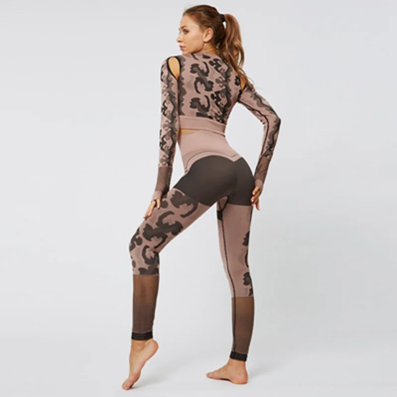 Камуфляжный спортивный костюм бесшовная рубашка с длинным рукавом и штаны для