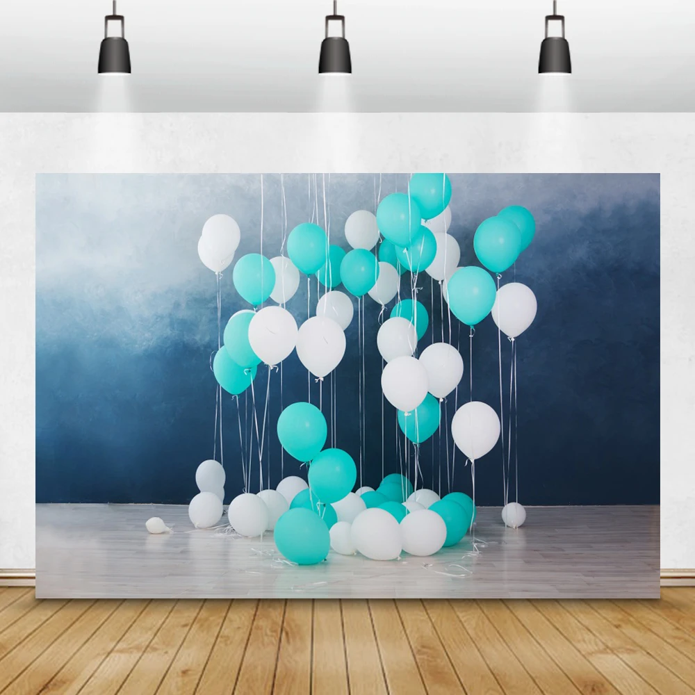 Laeacco День Рождения Вечеринка фотосессия синие воздушные шары облака Цветы