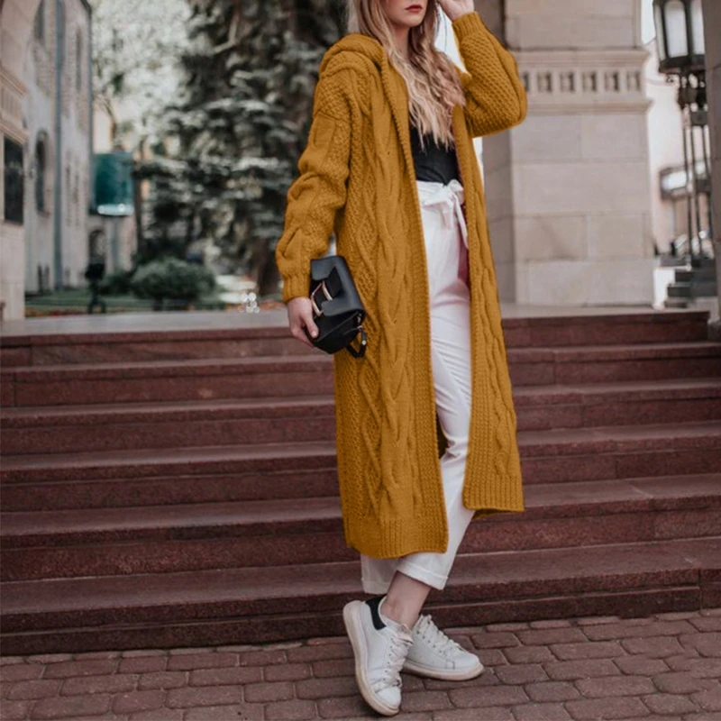 Женский осенний кардиган с капюшоном однотонный Свободный Длинный Теплый