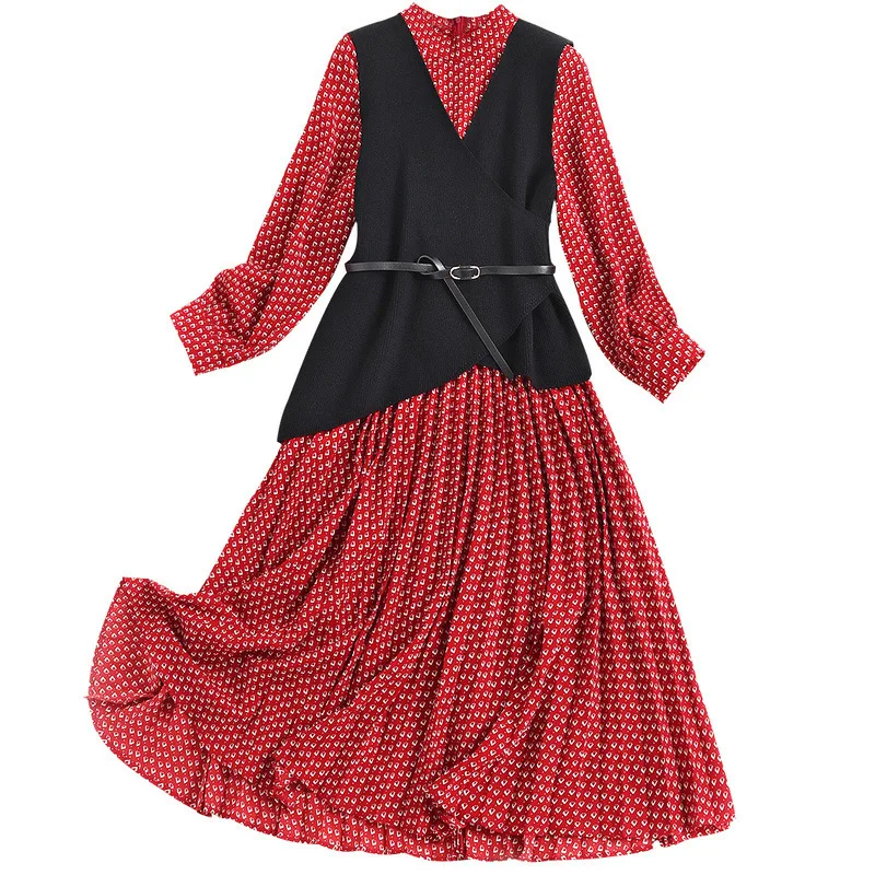 

Women Autumn Long Sleeve Dress Suit New 2020 Geometric Print Elegant Red Dresses and Knitted Vest Two Piece Set Black