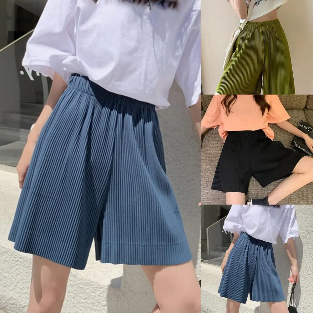 

Women Casual Solid Color Wide Leg Elastic Waist Shorts Short Pants High Waist for Cycling