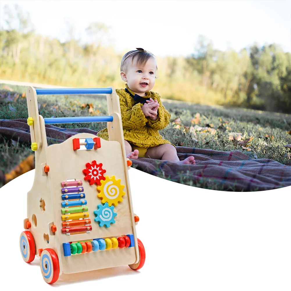

Adjustable Wooden Baby Walker Toddler Toys with Multiple Activity Toys
