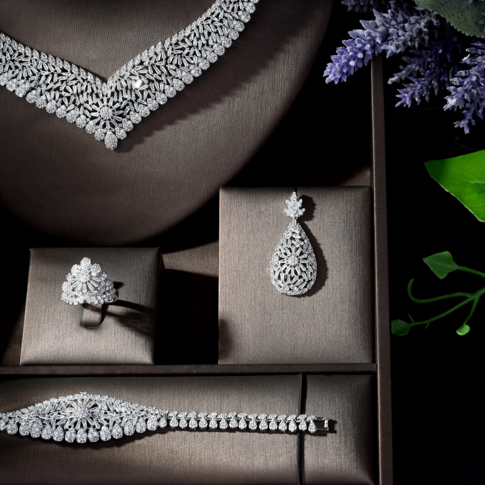 HIBRIDE CZ Африканские свадебные ювелирные наборы 4 шт. ожерелье серьги кольцо и