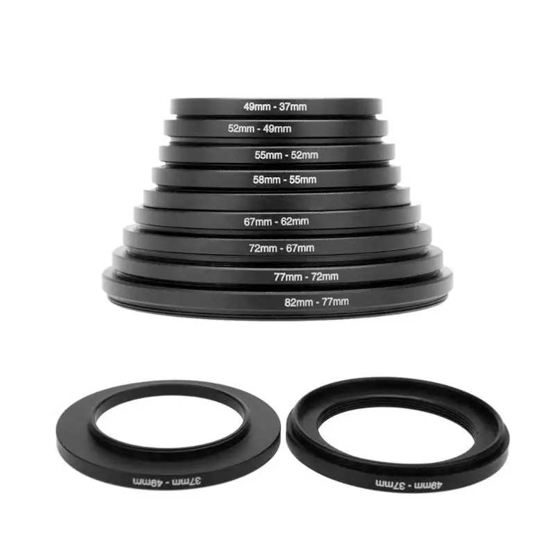 9 10 PCS Photography Step-Up Camera Rings Lens Adapter Filter Ring Set 37 49 52 55 58 62 67 72 77 82mm Step-Down for Nikon Canon