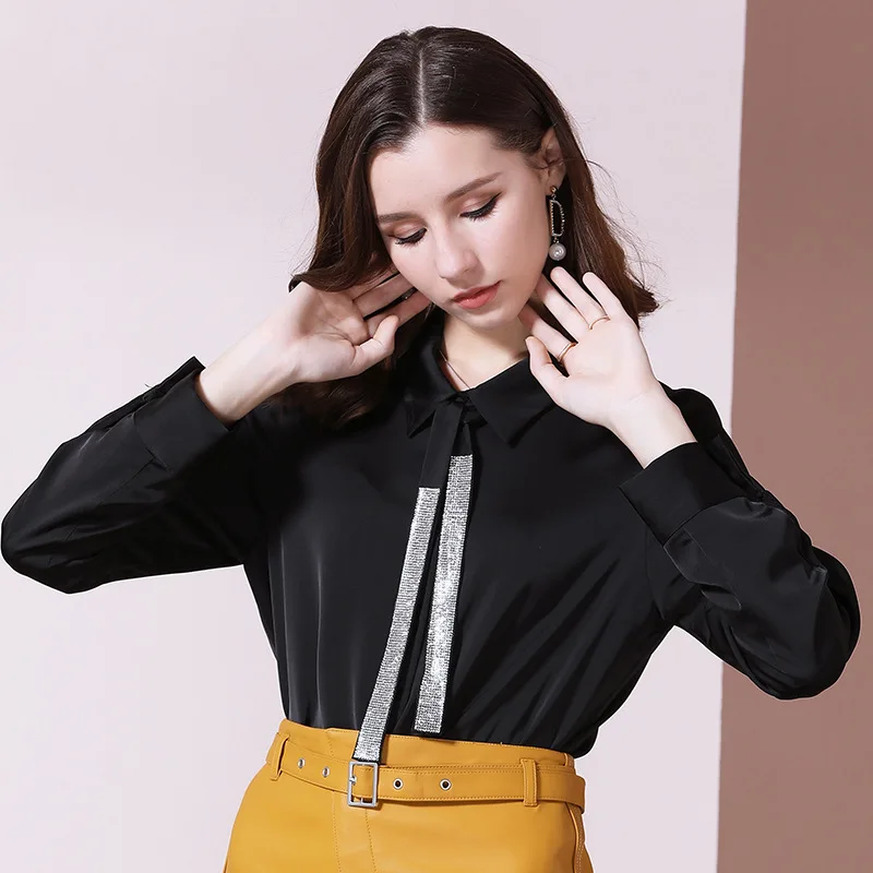 women tops and blouses black chiffon inlay ribbon high quality 2020 summer office shirts long sleeve casual sexy plus size