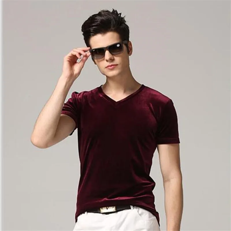 

Men Vintage Velour T-Shirts 2022 Summer Men's Solid Short Sleeve V-neck Velvet Tops Plus Size 5XL 6XL 7XL Black Blue Wine