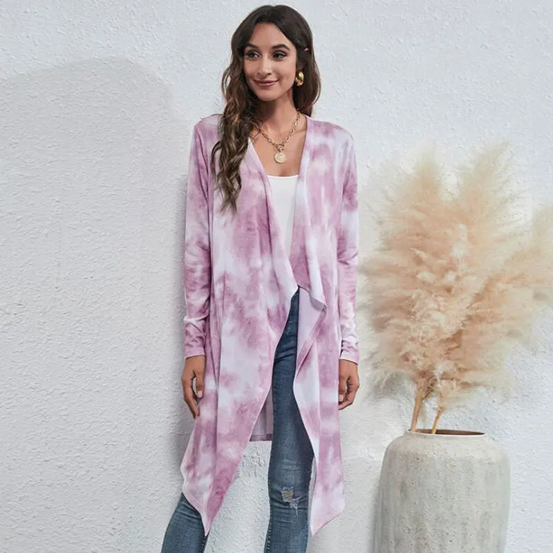 

2021 Autumn Tie Dye Long Cardigan Women Knitted Cardigan Ladies Long Sleeve Loose Cardigan Sweater For Women