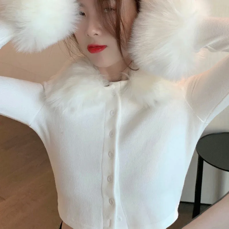 

Streetwear Sexy Fake Fur Trim Ribbed Crop Tops 90s Vintage V-neck Single-breasted Long Sleeve T-shirts Autumn Clubwear New2021