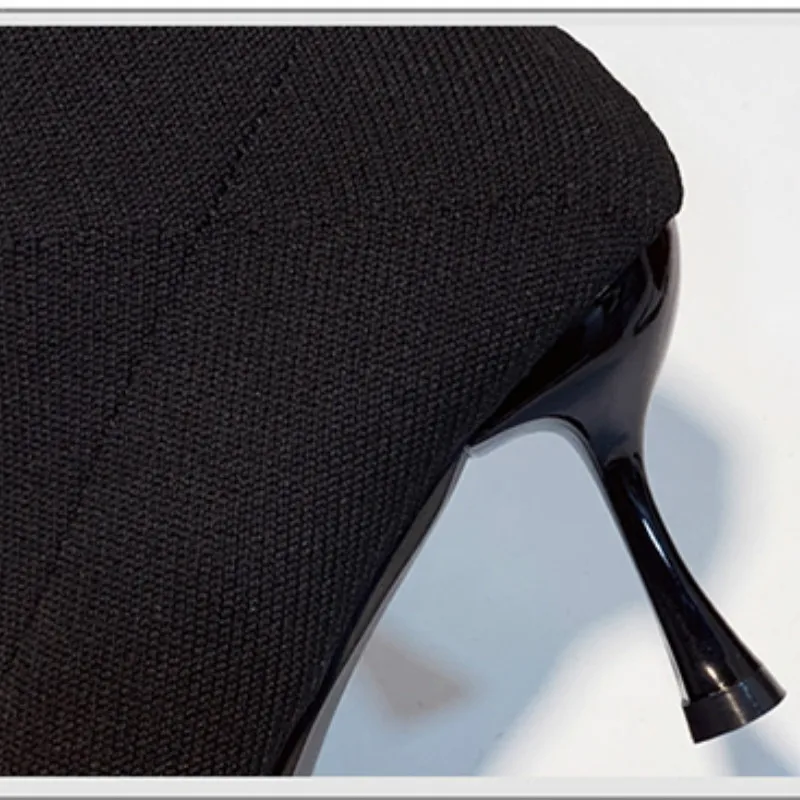 Черные вязаные сапоги носки женские пикантные туфли лодочки с острым носком на