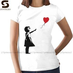 С принтом сердце, любовь футболка Бэнкси девушка с воздушным шаром Футболка модная фиолетовая женская футболка хлопок Графические Женская футболка