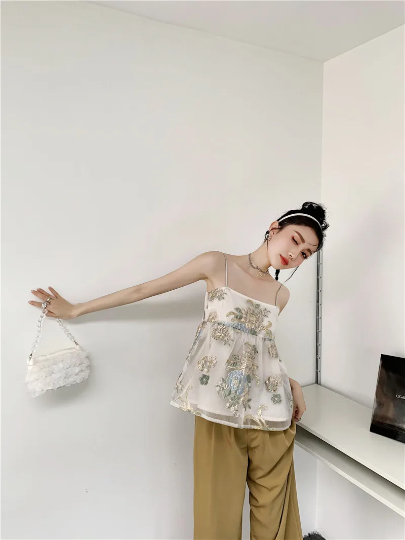 Vinatge Embroidered Floral Backless Women Top  Jacquard Cami Tops Loose Casual Sexy Streetwear New Summer 2021