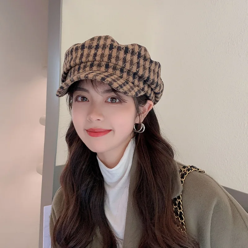 

шапка Autumn Winter Woolen Houndstooth Hats Women Plaid Octagonal Newsboy Hat Ladies Military Cap Wool Hat Female Beret Painter