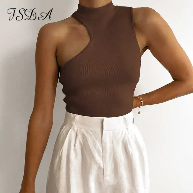 

2021 Turtleneck Crop Top Knitted Women Brown Casual Summer Basic T Shirts Y2K Sexy Off Shoulder Black Sleeveless Tank Tops