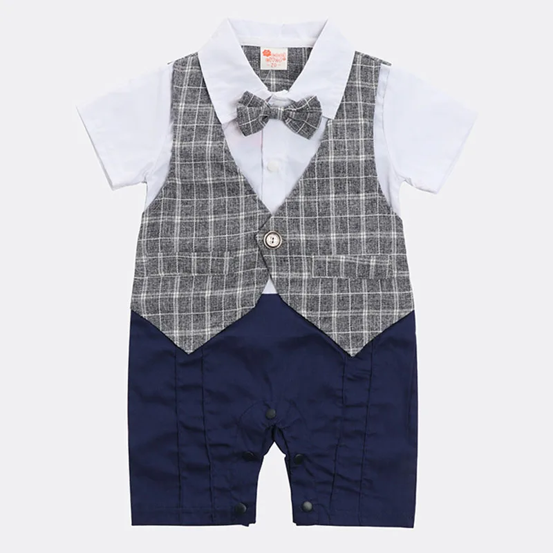 

Summer Newborn Kids Boys Grid Fake Two Piece Gentleman Jumpsuits Clothes Infant Baby Boys Rompers Short Sleeve Children Rompers