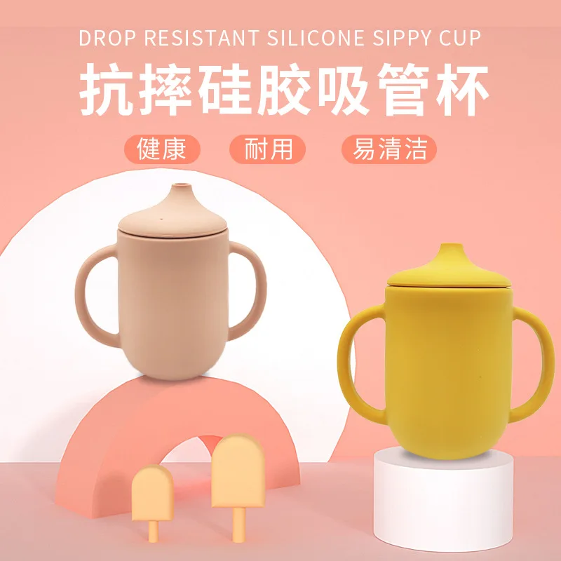 

Infant water cup silicone baby drinking cup with straw leak-proof and drop-proof portable milk bottle cup