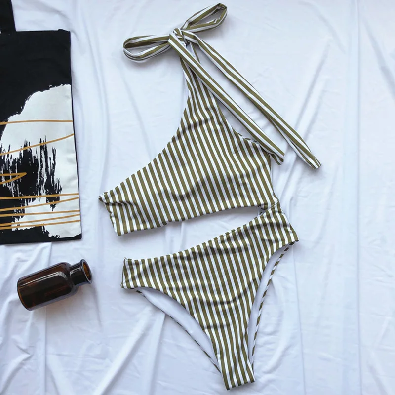 2020 Сексуальная полосатая Женская одежда для плавания на одно плечо Цельный